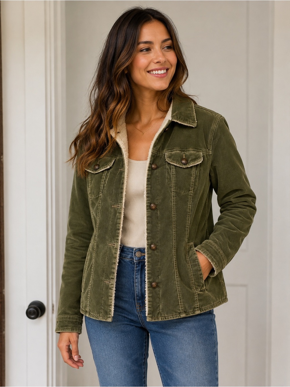 For Joseph Olive Green Corduroy Sherpa-Lined Jean Jacket
